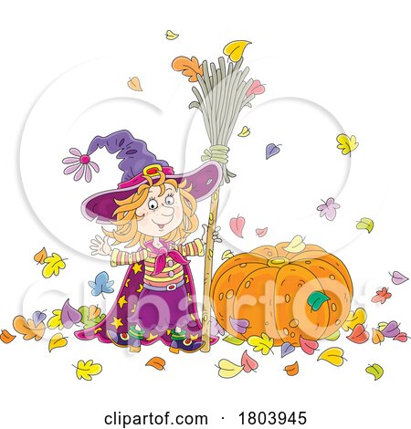 Cartoon Halloween Witch Girl Holding a Broom by a Pumpkin by Alex Bannykh