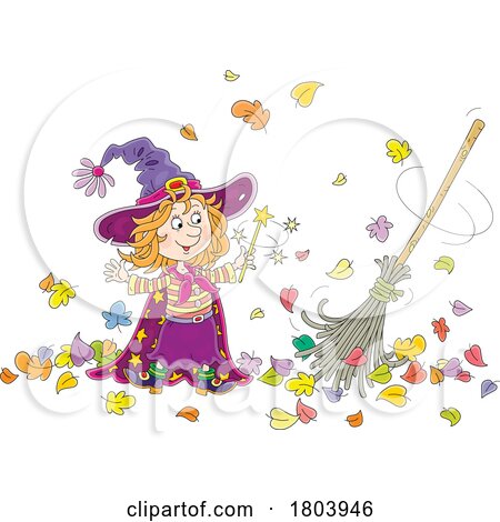 Cartoon Halloween Witch Girl Sweeping up Leaves WiIth Magic by Alex Bannykh