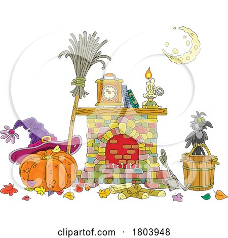 Cartoon Halloween Witch Hat on a Pumpkin by a Hearth by Alex Bannykh