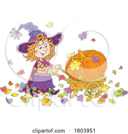 Cartoon Halloween Witch Girl Pushing a Pumpkin by Alex Bannykh
