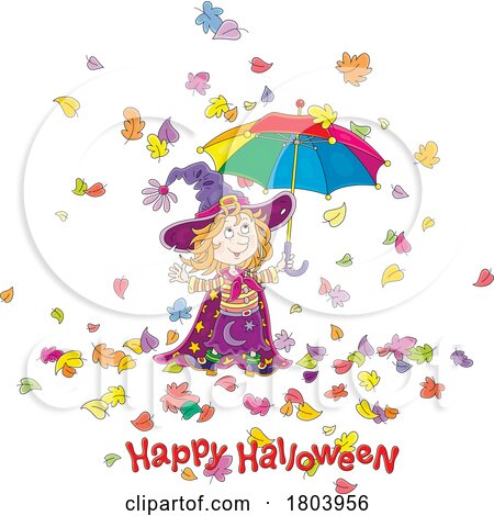 Cartoon Happy Halloween Greeting and Witch Girl by Alex Bannykh