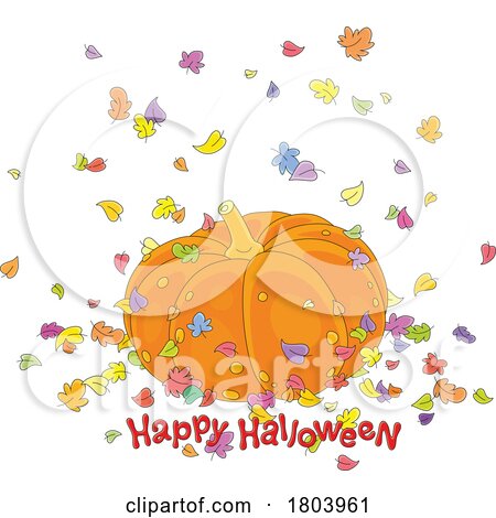 Cartoon Happy Halloween Greeting and Pumpkin with Autumn Leaves by Alex Bannykh