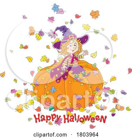 Cartoon Happy Halloween Greeting and Witch Girl by Alex Bannykh
