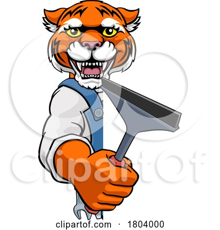 Tiger Car or Window Cleaner Holding Squeegee by AtStockIllustration