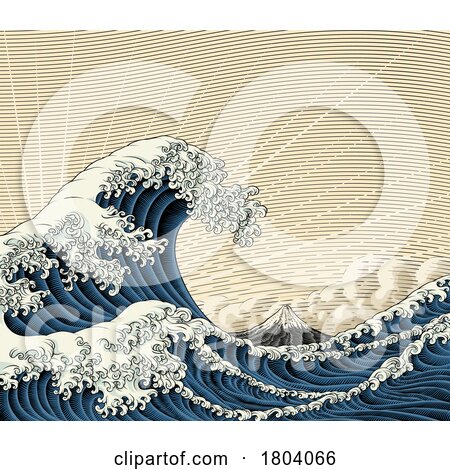 Japanese Great Wave Sea Japan Engraved Art Design by AtStockIllustration