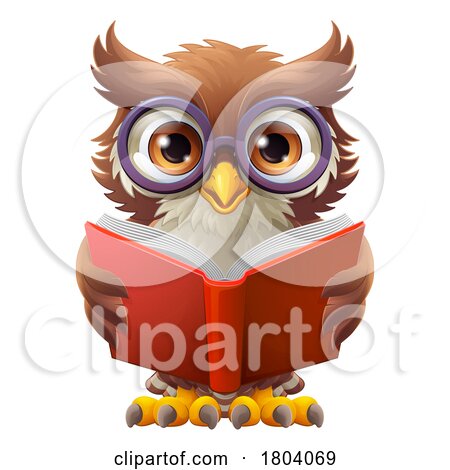 Owl Wise Cartoon Cute Cird Character Reading Book by AtStockIllustration