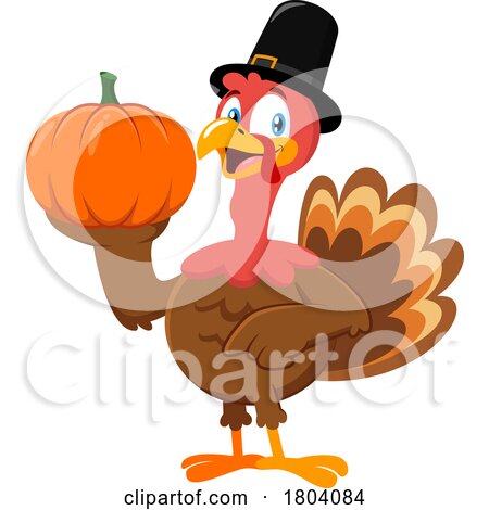 Cartoon Thanksgiving Pilgrim Turkey Bird Mascot Holding a Pumpkin by Hit Toon