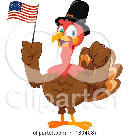 Cartoon Thanksgiving Pilgrim Turkey Bird Mascot with an American Flag by Hit Toon
