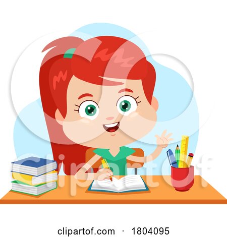 Cartoon School Girl Writing at a Desk by Hit Toon
