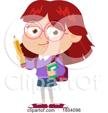 Cartoon School Girl Holding a Pencil and Books by Hit Toon