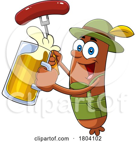 Cartoon Oktoberfest Sausage Holding a Beer and Hot Dog by Hit Toon
