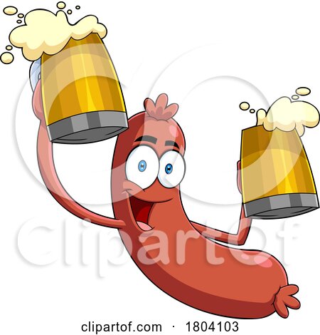 Cartoon Oktoberfest Sausage Holding Beer Mugs by Hit Toon