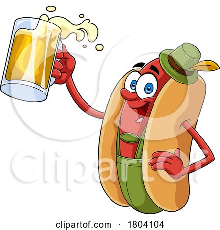 Cartoon Oktoberfest Hot Dog Holding Beer Mugs by Hit Toon