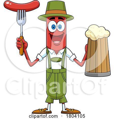 Cartoon Oktoberfest Sausage Holding a Hot Dog on a Foor and a Beer Mug by Hit Toon