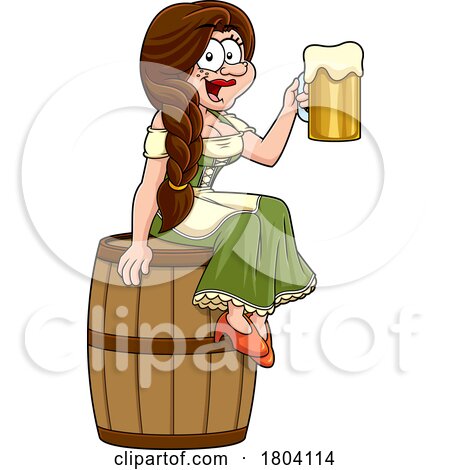 Cartoon Oktoberfest Woman Hodling a Beer and Sitting on a Barrel by Hit Toon