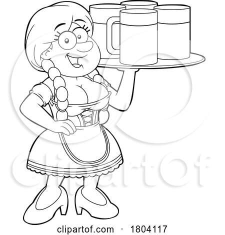Cartoon Black and White Oktoberfest Beer Maiden with a Tray by Hit Toon