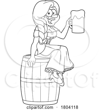 Cartoon Black and White Oktoberfest Woman Hodling a Beer and Sitting on a Barrel by Hit Toon