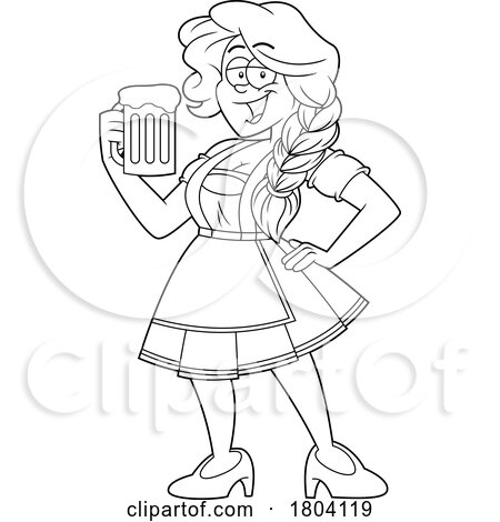 Cartoon Black and White Oktoberfest Woman Hodling a Beer by Hit Toon