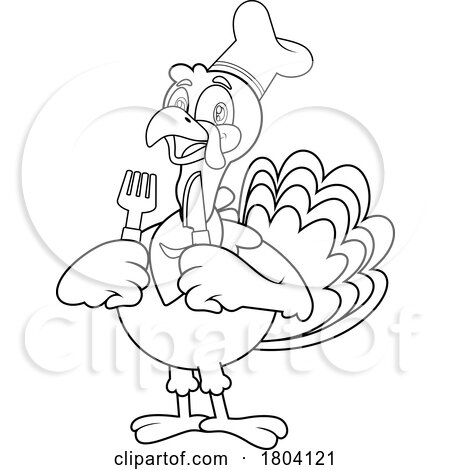 Cartoon Black and White Hungry Thanksgiving Turkey Bird Mascot Holding Silverware by Hit Toon