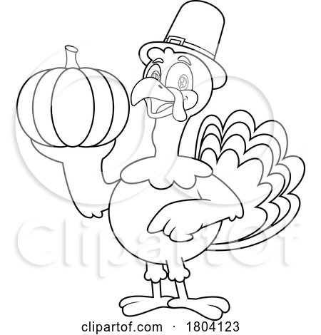 Cartoon Black and White Thanksgiving Pilgrim Turkey Bird Mascot Holding a Pumpkin by Hit Toon