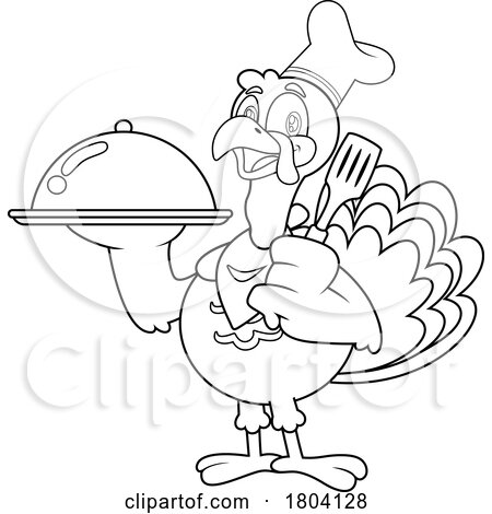 Cartoon Black and White Thanksgiving Chef Turkey Bird Mascot Holding a Cloche by Hit Toon