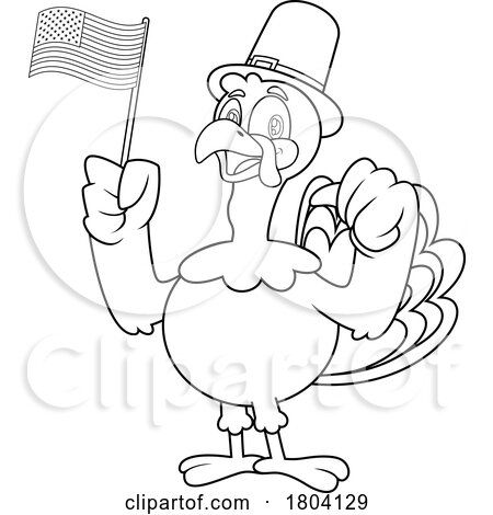 Cartoon Black and White Thanksgiving Pilgrim Turkey Bird Mascot with an American Flag by Hit Toon