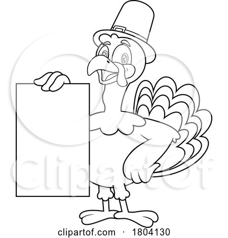 Cartoon Black and White Thanksgiving Pilgrim Turkey Bird Mascot Holding a Menu or Sign by Hit Toon