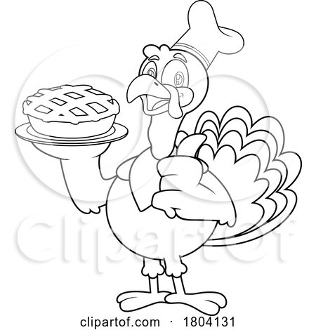 Cartoon Black and White Thanksgiving Chef Turkey Bird Mascot Holding a Pie by Hit Toon