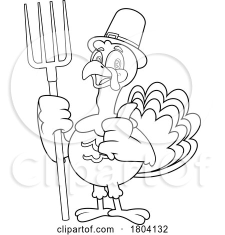 Cartoon Black and White Thanksgiving Pilgrim Turkey Bird Mascot Holding a Pitchfork by Hit Toon