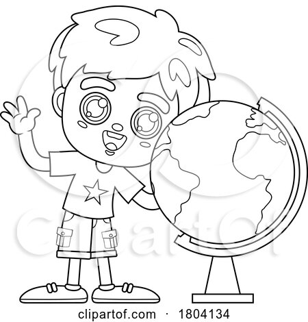 Cartoon Black and White School Boy by a Globe by Hit Toon