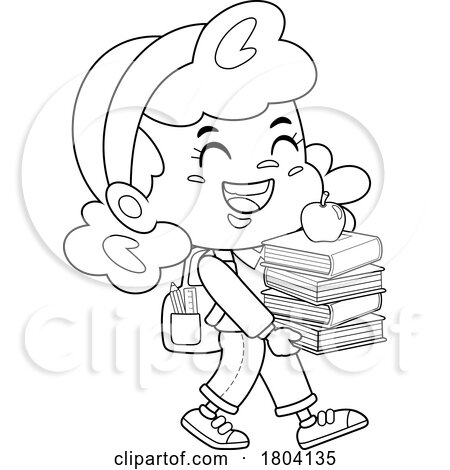 Cartoon Black and White School Girl Carrying Books by Hit Toon