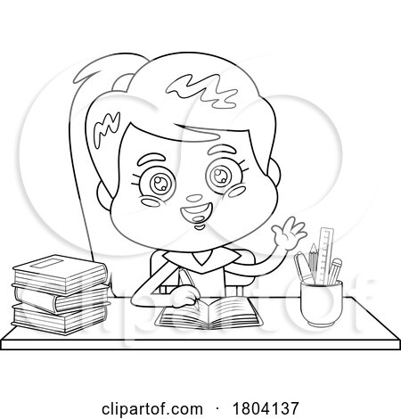 Cartoon Black and White School Girl Writing at a Desk by Hit Toon