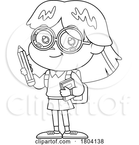 Cartoon Black and White School Girl Holding a Pencil and Books by Hit Toon