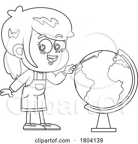 Cartoon Black and White School Girl Studying a Globe by Hit Toon