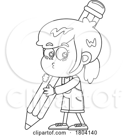 Cartoon Black and White School Girl Writing with a Giant Pencil by Hit Toon