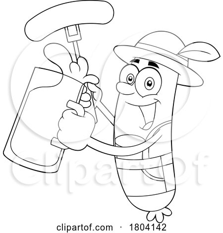 Cartoon Black and White Oktoberfest Sausage Holding a Beer and Hot Dog by Hit Toon