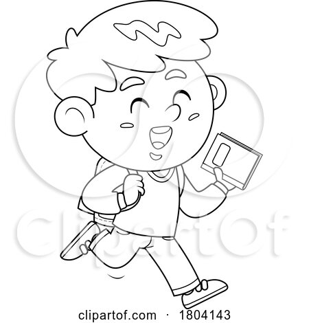 Cartoon Black and White School Boy Running with a Book by Hit Toon