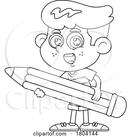Cartoon Black and White School Boy Holding a Giant Pencil by Hit Toon