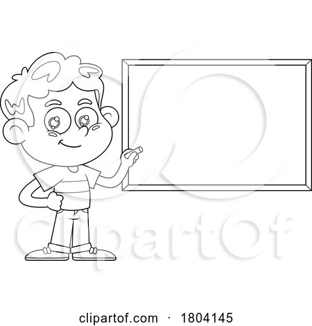 Cartoon Black and White School Boy Using a Chalkboard by Hit Toon