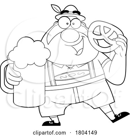 Cartoon Black and White Oktoberfest Man with a Beer and Pretzel by Hit Toon
