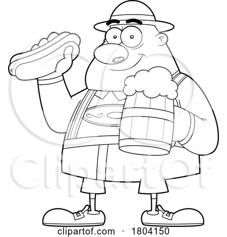 Cartoon Black and White Oktoberfest Man with a Beer and Hot Dog by Hit Toon