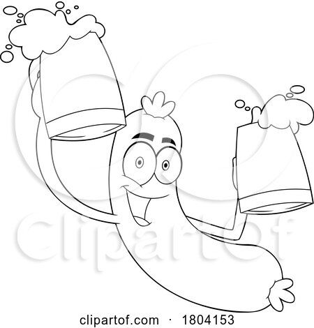 Cartoon Black and White Oktoberfest Sausage Holding Beer Mugs by Hit Toon