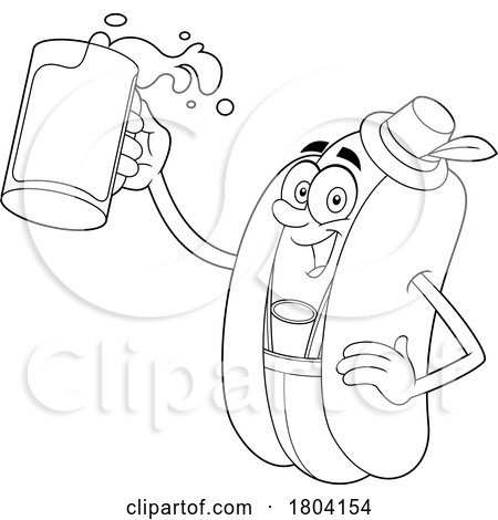 Cartoon Black and White Oktoberfest Hot Dog Holding Beer Mugs by Hit Toon