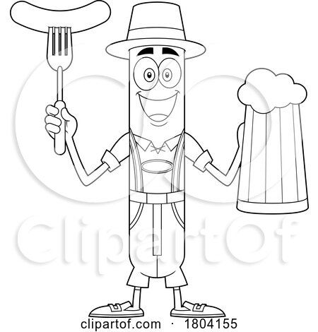 Cartoon Black and White Oktoberfest Sausage Holding a Hot Dog on a Foor and a Beer Mug by Hit Toon