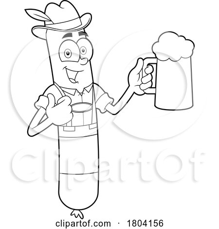 Cartoon Black and White Oktoberfest Sausage Holding a Beer by Hit Toon