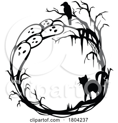 Halloween Frame with a Crow Cat and Ghosts by Vector Tradition SM