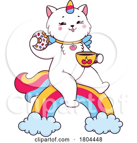 Unicorn Cat Enjoying Coffee and a Donut on a Rainbow by Vector Tradition SM