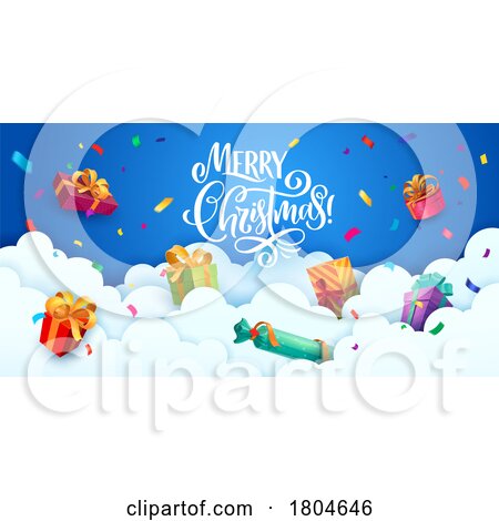 Merry Christmas Greeting with Gifts in Clouds by Vector Tradition SM