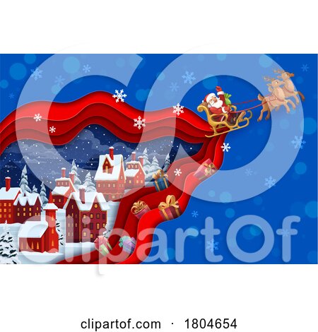Santa Claus Flying His Sleigh and a Village by Vector Tradition SM