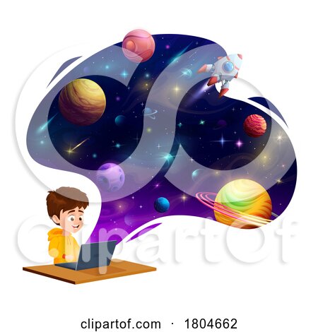 School Boy Using a Laptop to Learn About Space by Vector Tradition SM